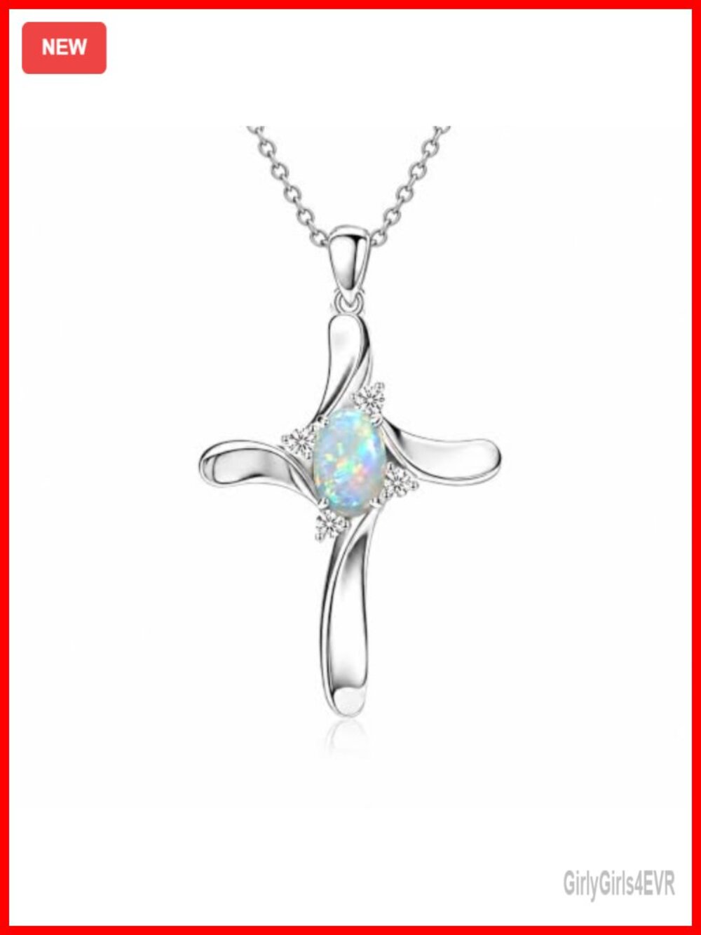 14K White Gold Plated Cross Pendant Necklace White Opal CZ 18in Gift